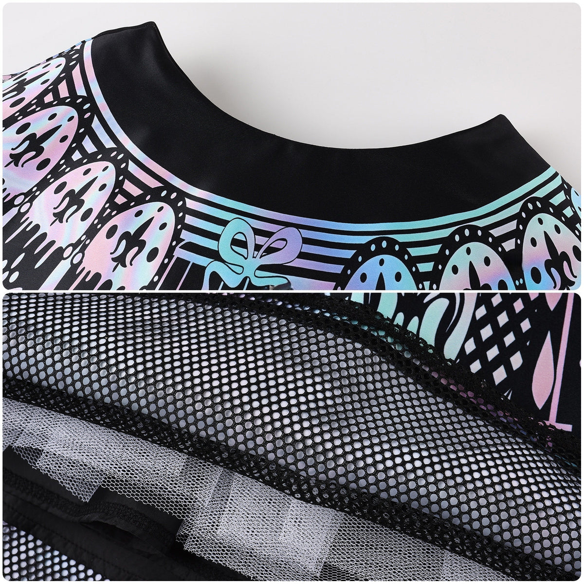 Close-up of the pastel gothic-print skirt, black mesh layer and lace hem