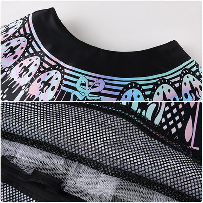 Close-up of the pastel gothic-print skirt, black mesh layer and lace hem