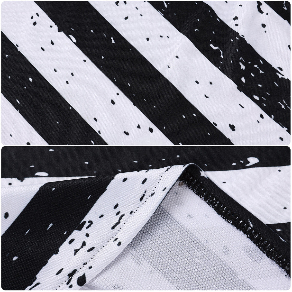 Close-up of black and white striped fabric with a speckled print