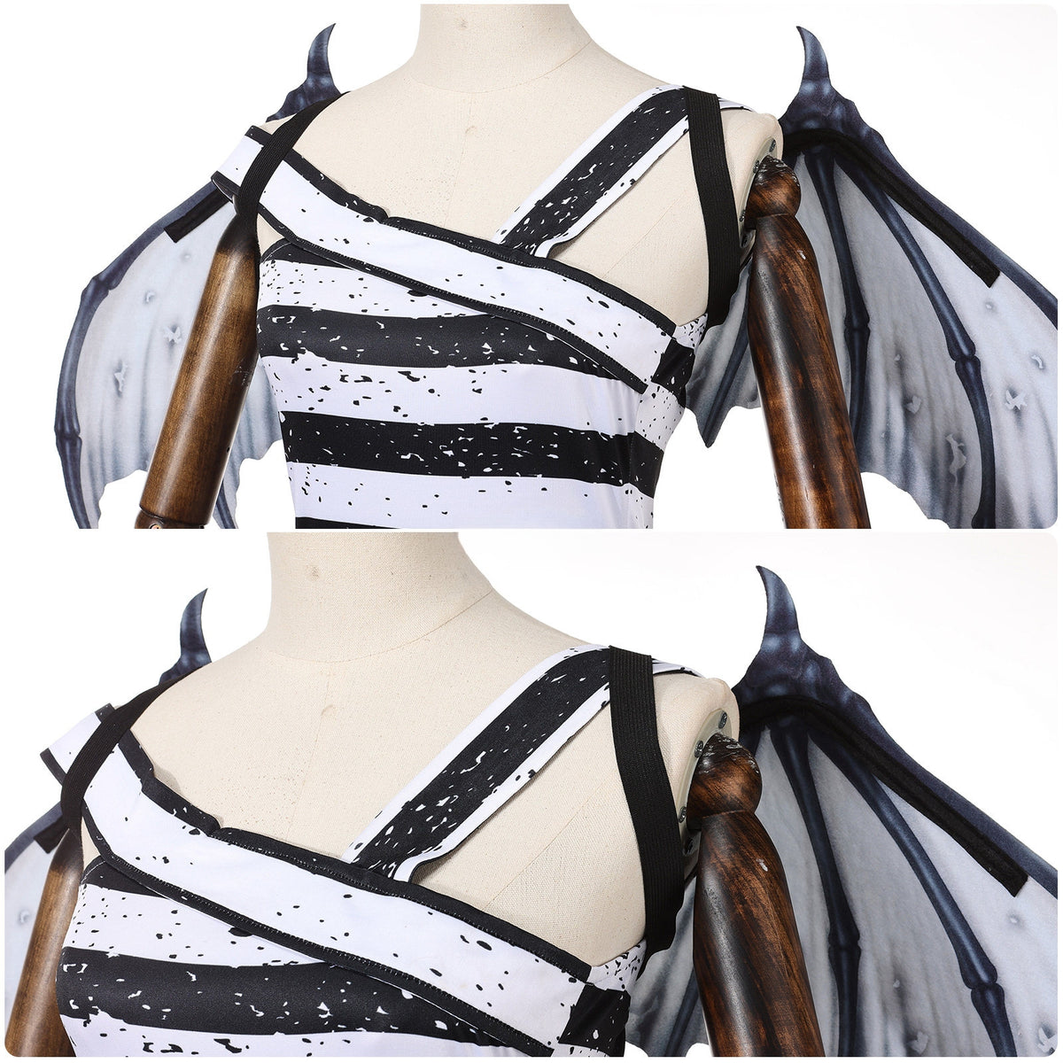 Front and back neckline details of the asymmetric black and white striped cosplay top