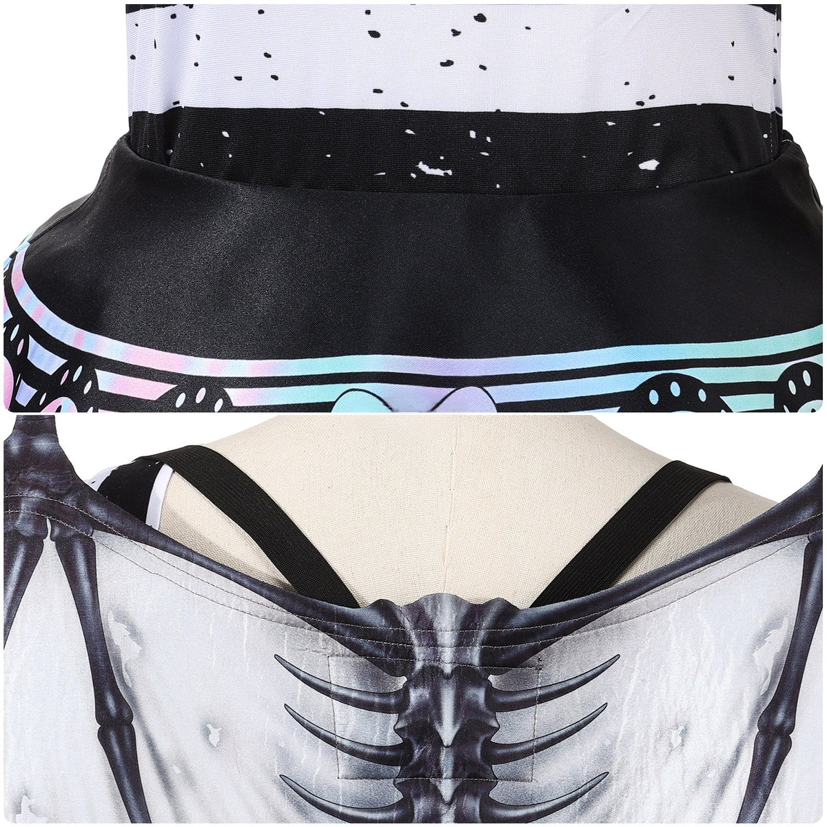 Black waistband with pastel trim and close-up details of the gray gargoyle wings