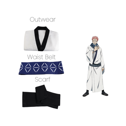 Ryomen Sukuna cosplay set showing white kimono, patterned waist belt, and black scarf