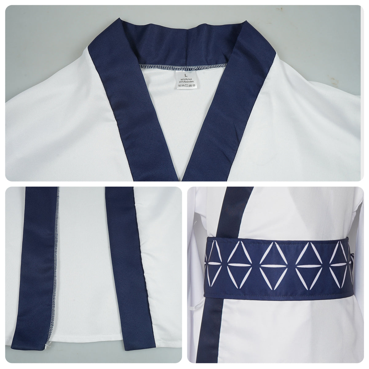 Ryomen Sukuna cosplay kimono collar, dark trim, and patterned waist belt details