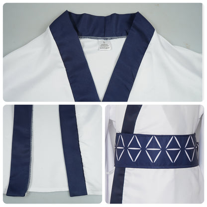 Ryomen Sukuna cosplay kimono collar, dark trim, and patterned waist belt details