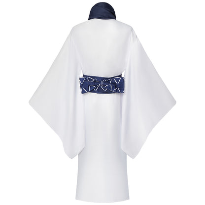 Back view of Ryomen Sukuna white cosplay kimono and patterned waist belt