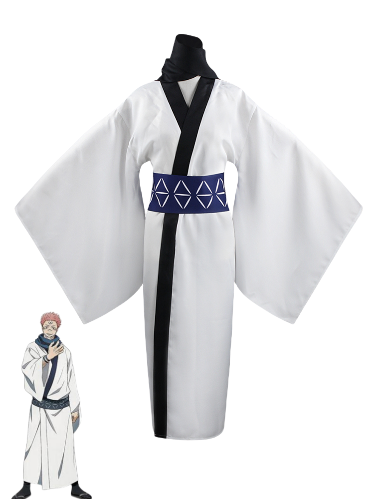 Ryomen Sukuna white kimono cosplay costume with patterned waist belt and black scarf