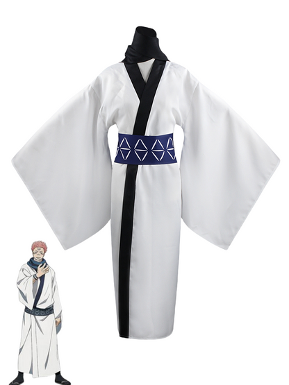 Ryomen Sukuna white kimono cosplay costume with patterned waist belt and black scarf