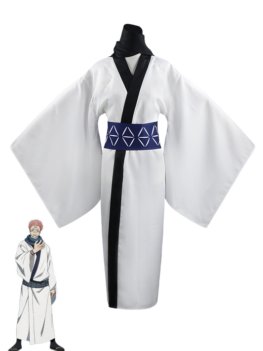 Ryomen Sukuna white kimono cosplay costume with patterned waist belt and black scarf