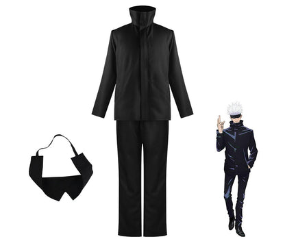 Black Satoru Gojo cosplay uniform with high-collar jacket, pants, and black blindfold