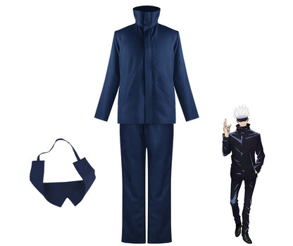 Blue Satoru Gojo cosplay uniform with high-collar jacket, pants, and black blindfold