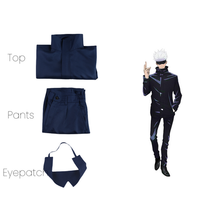 Satoru Gojo cosplay costume set showing blue jacket, pants, and black blindfold