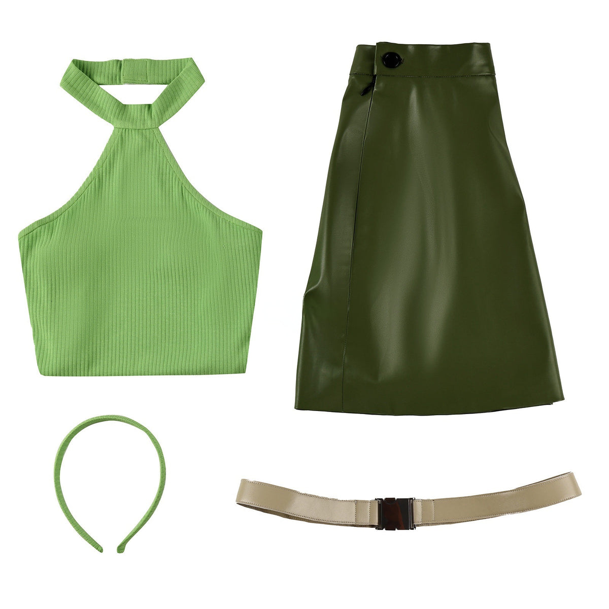 Flat lay of a green halter top, olive mini skirt, green headband and beige belt