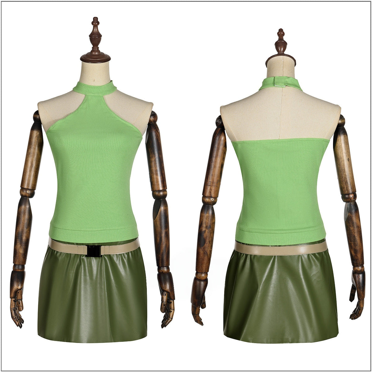 Front and back views of the Scarah Screams green top and skirt cosplay outfit