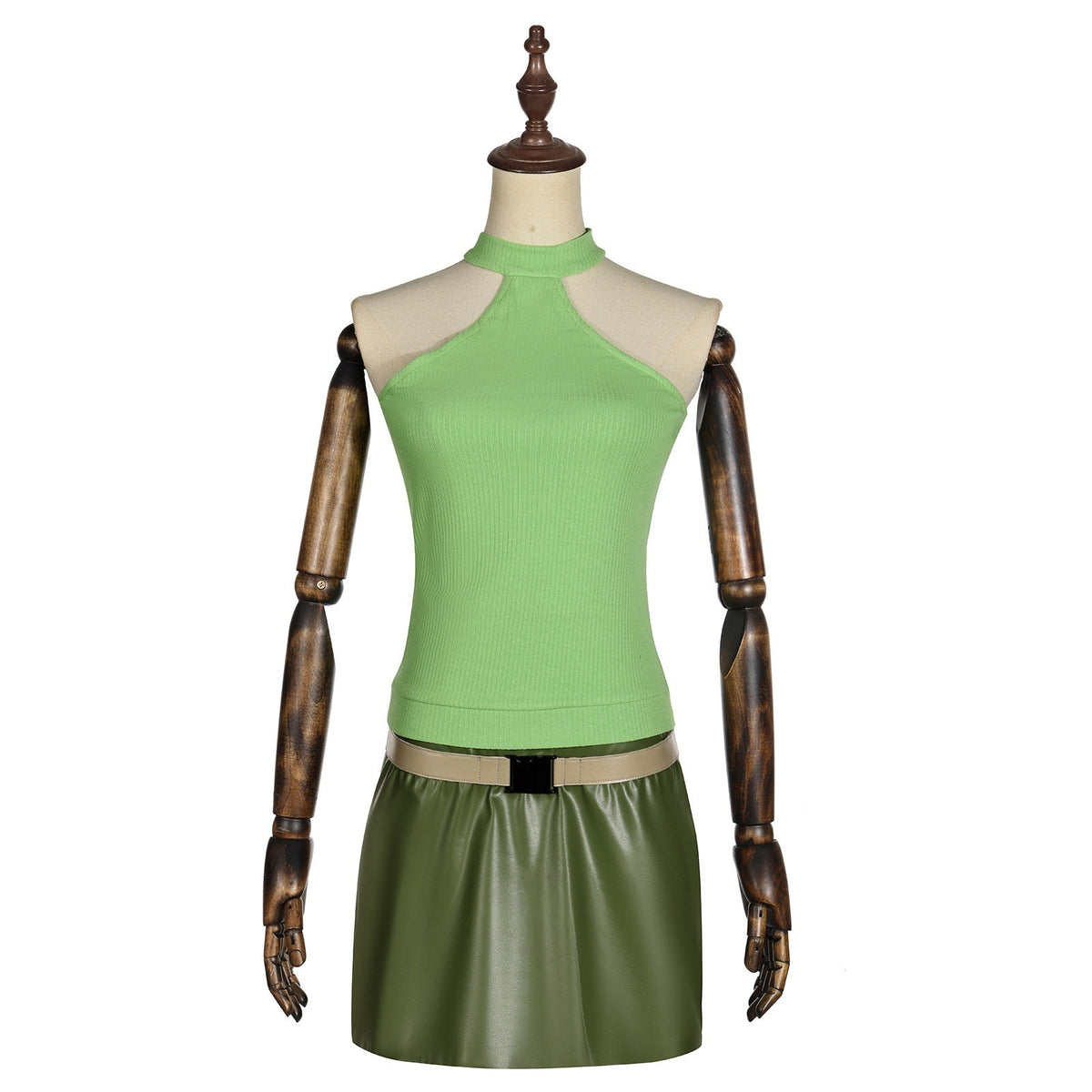 Front view of a Scarah Screams cosplay costume with a light green halter top and olive mini skirt