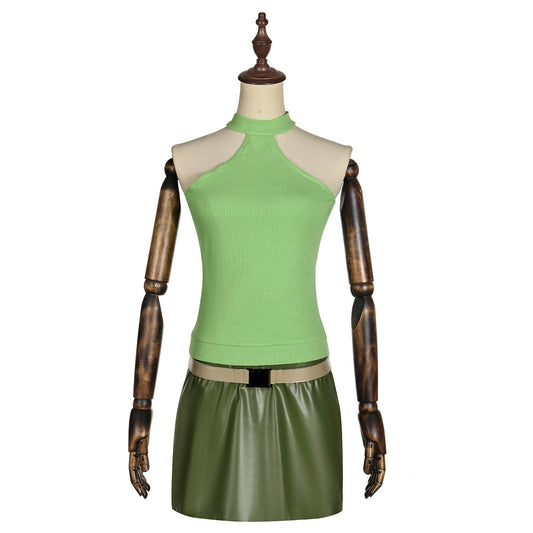 Front view of a Scarah Screams cosplay costume with a light green halter top and olive mini skirt