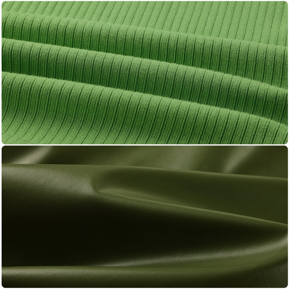 Light green ribbed top fabric and glossy olive green skirt fabric shown in close-up