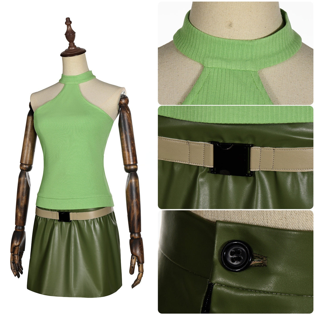 Scarah Screams cosplay outfit with close-up views of the neckline, beige belt and skirt button