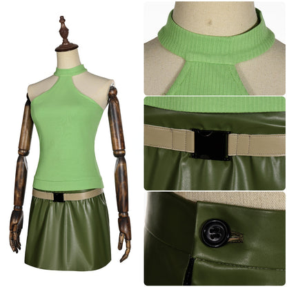 Scarah Screams cosplay outfit with close-up views of the neckline, beige belt and skirt button