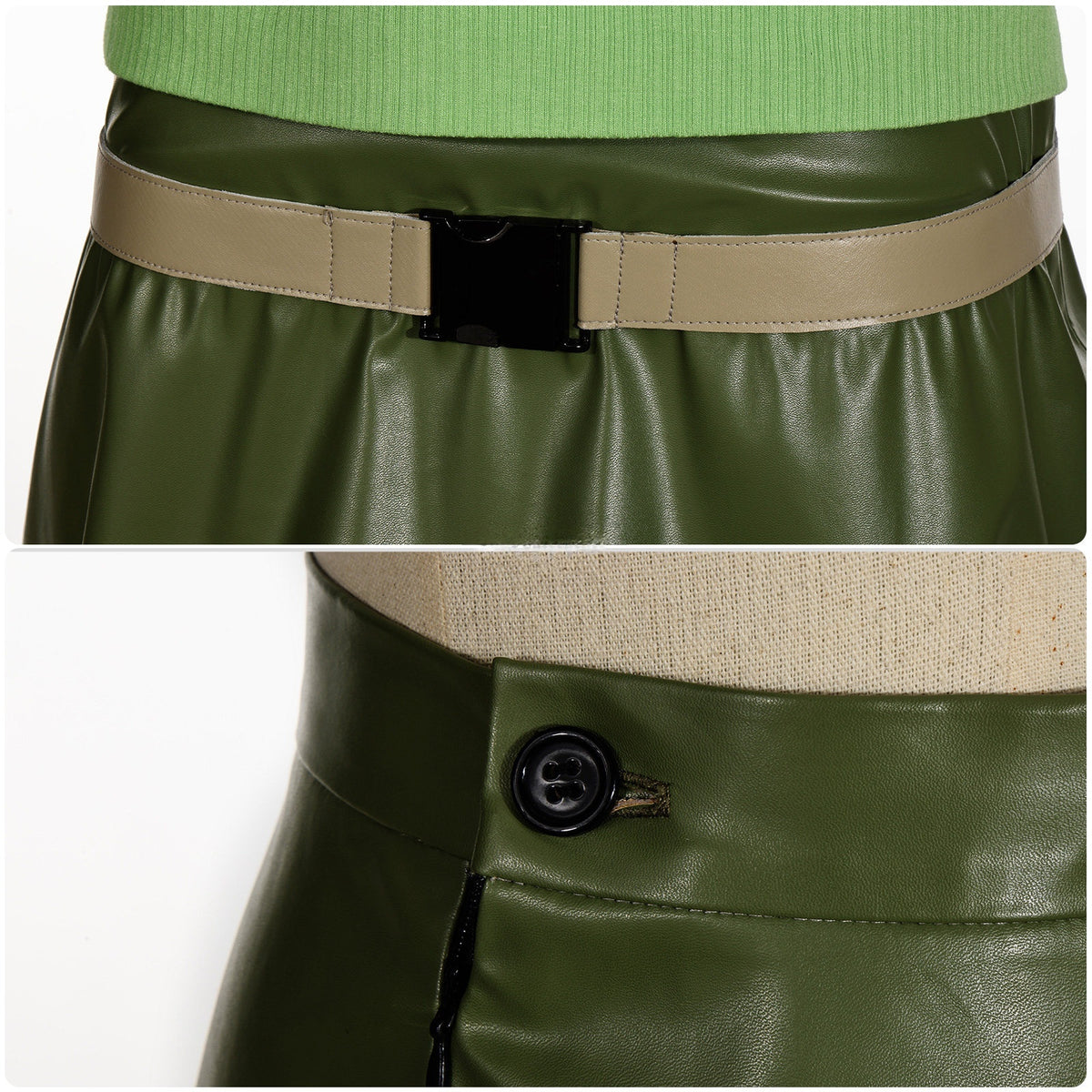 Close-up of the beige belt with black buckle and olive green skirt fastening