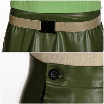 Close-up of the beige belt with black buckle and olive green skirt fastening