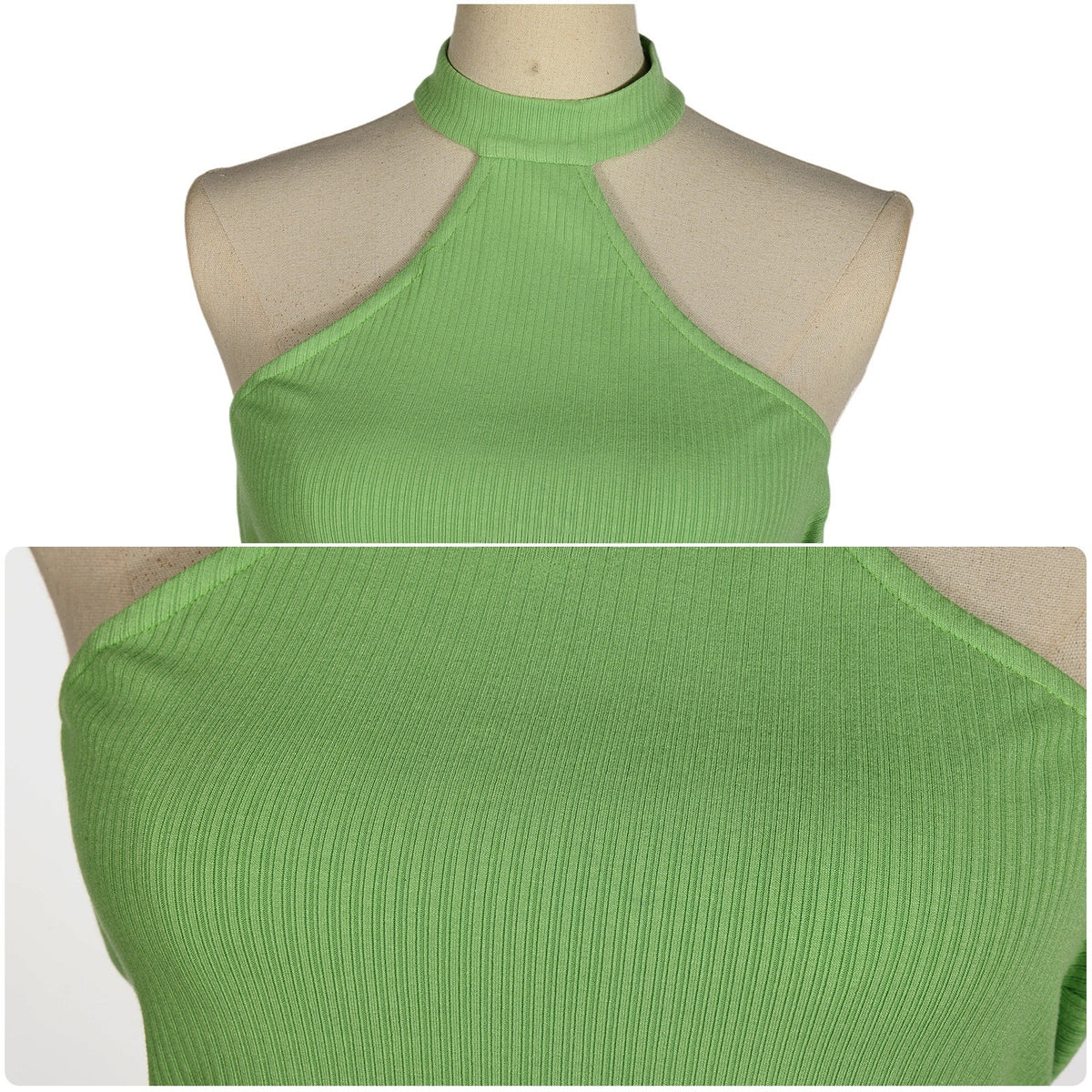 Close-up of the light green ribbed halter top with a high neckline