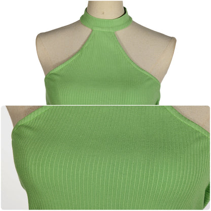 Close-up of the light green ribbed halter top with a high neckline