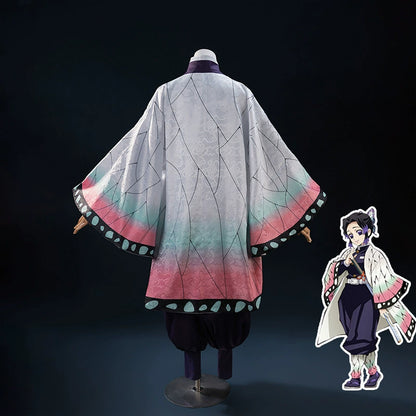 Back view of Shinobu Kocho’s butterfly haori with pink and mint green gradient trim