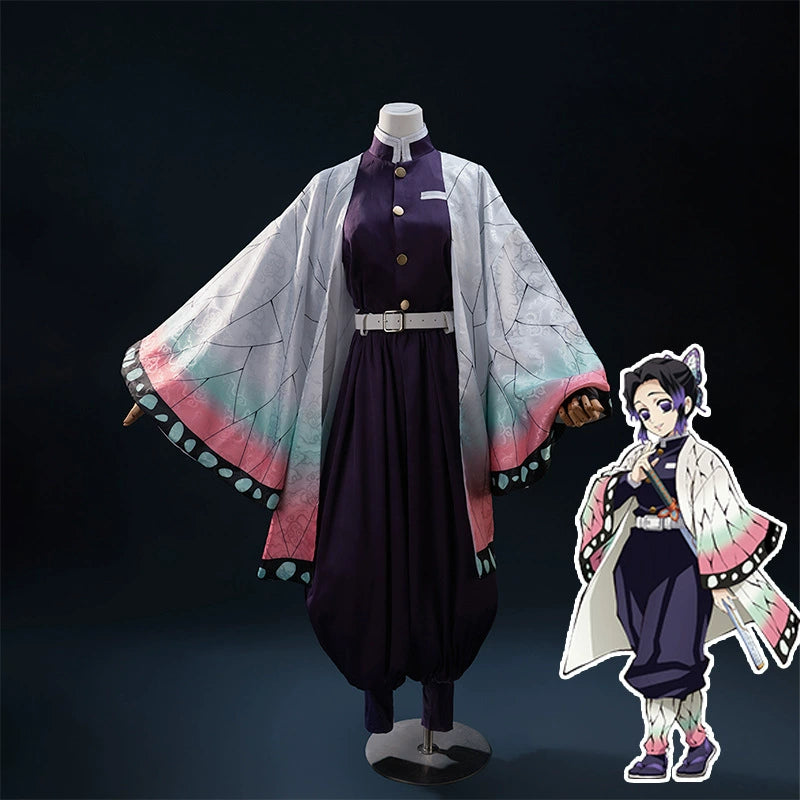 Shinobu Kocho cosplay costume with a butterfly-patterned haori over a dark purple uniform, front view