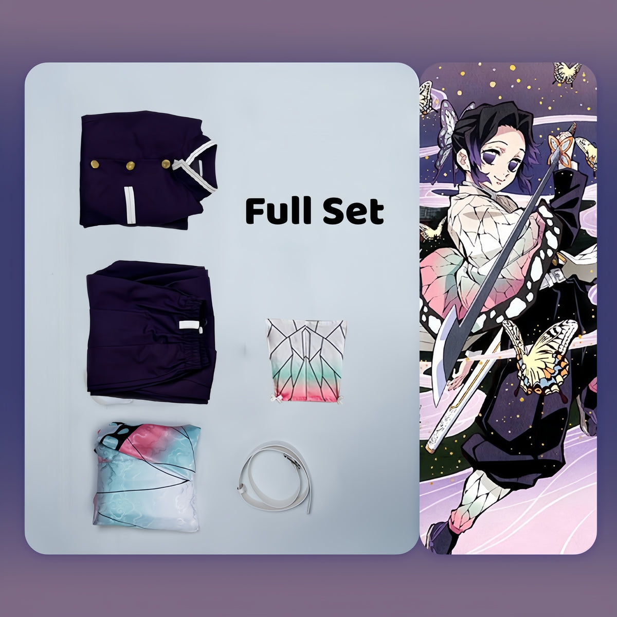 Shinobu Kocho cosplay costume set showing the uniform, butterfly haori, belt, and accessories