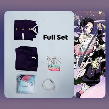 Shinobu Kocho cosplay costume set showing the uniform, butterfly haori, belt, and accessories