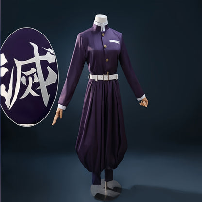 Shinobu Kocho dark purple cosplay uniform with a white belt and loose-fitting pants, front view