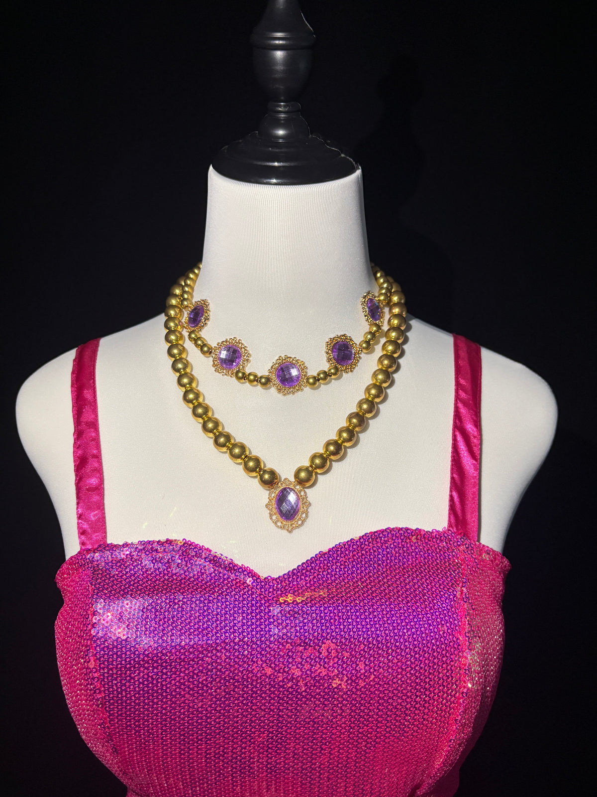 Sparkling pink fitted bodice detail of cosplay dress