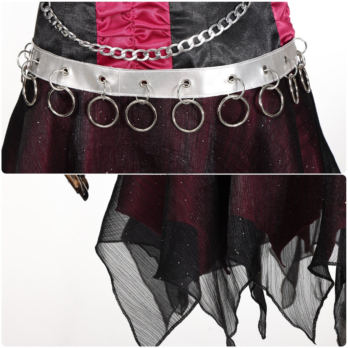 Silver-tone ring-detail belt and layered skirt with pointed black sheer panels