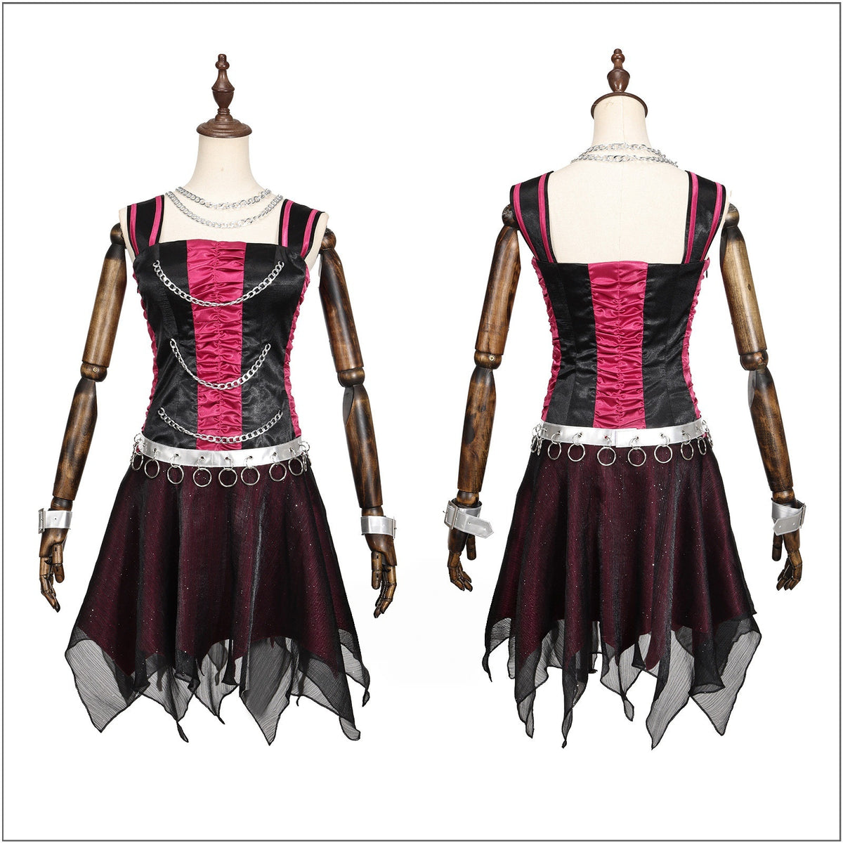 Front and back views of the Spectra Vondergeist cosplay outfit with an uneven sheer skirt hem