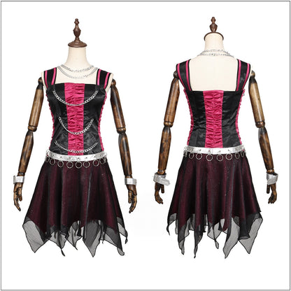 Front and back views of the Spectra Vondergeist cosplay outfit with an uneven sheer skirt hem