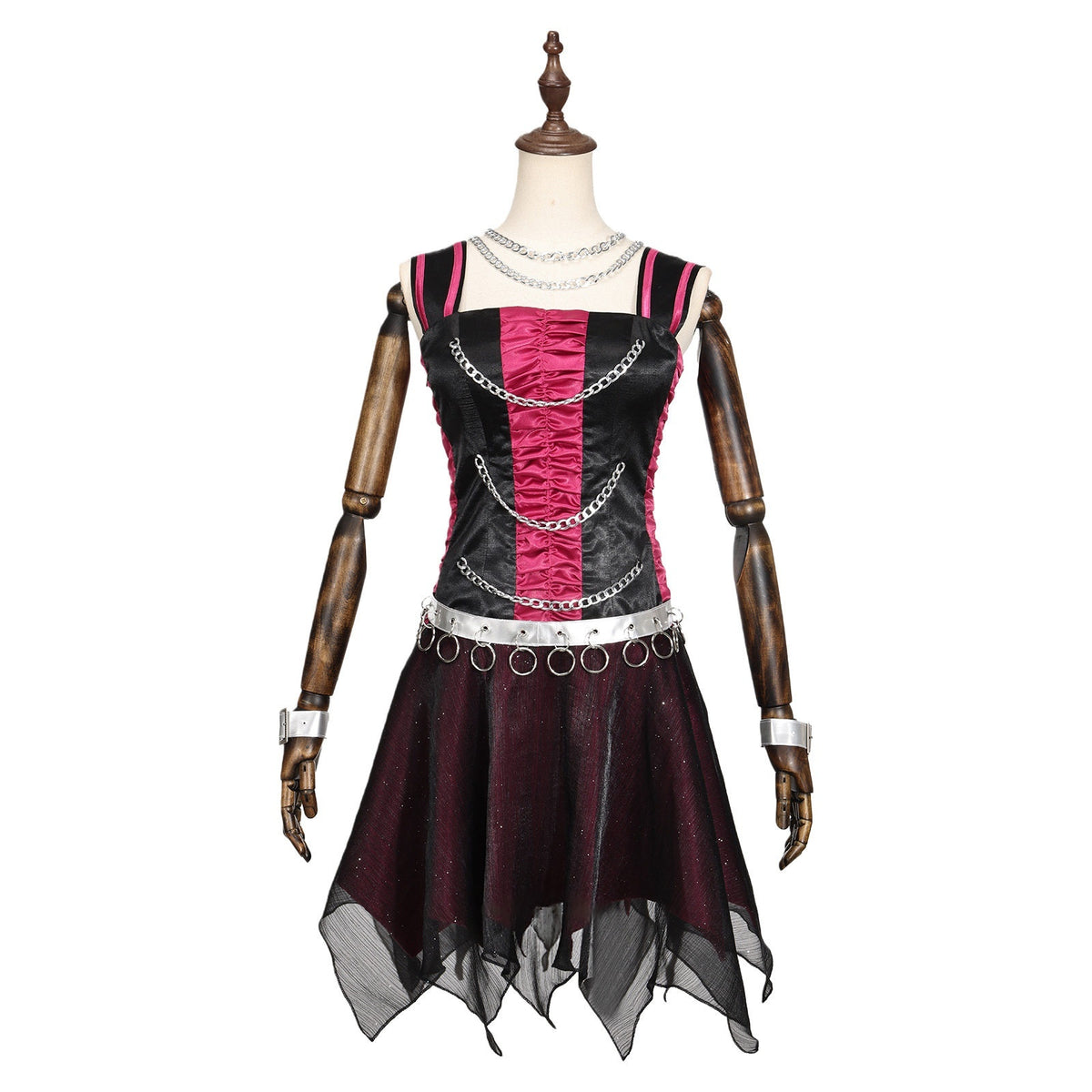 Front view of a Spectra Vondergeist cosplay outfit with a black and pink top, silver-tone chains and layered skirt