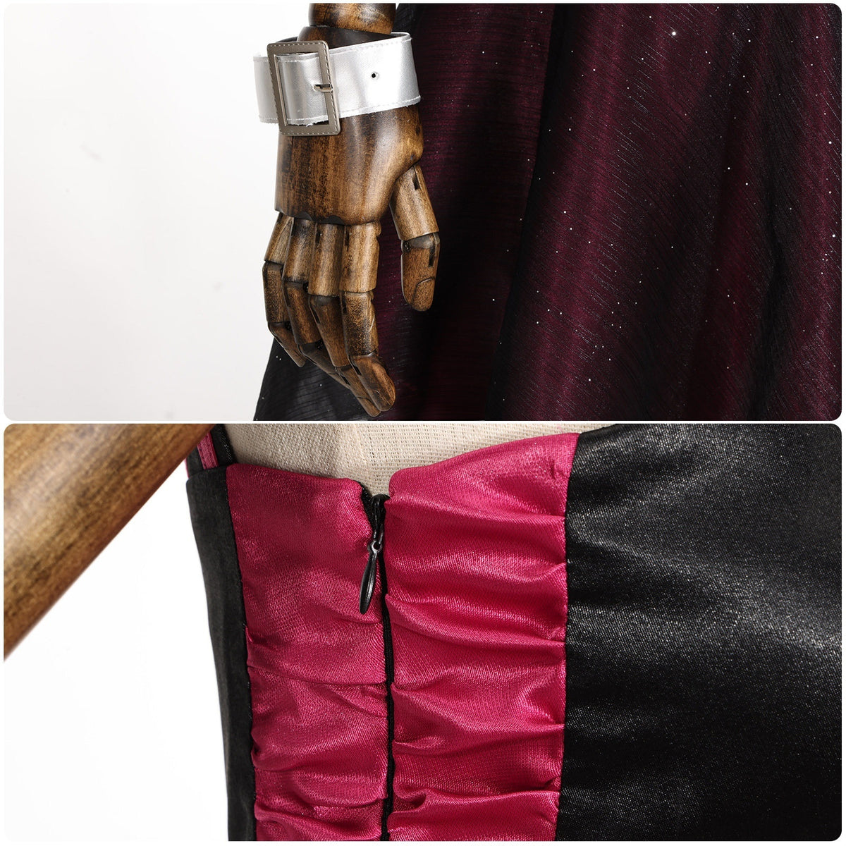 Silver-tone wrist cuff and back zipper detail on the black and pink cosplay top