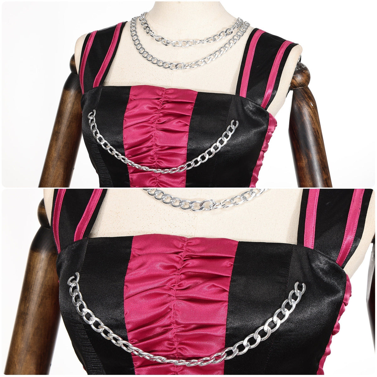 Close-up of the striped shoulder straps, pink front panel and silver-tone chains