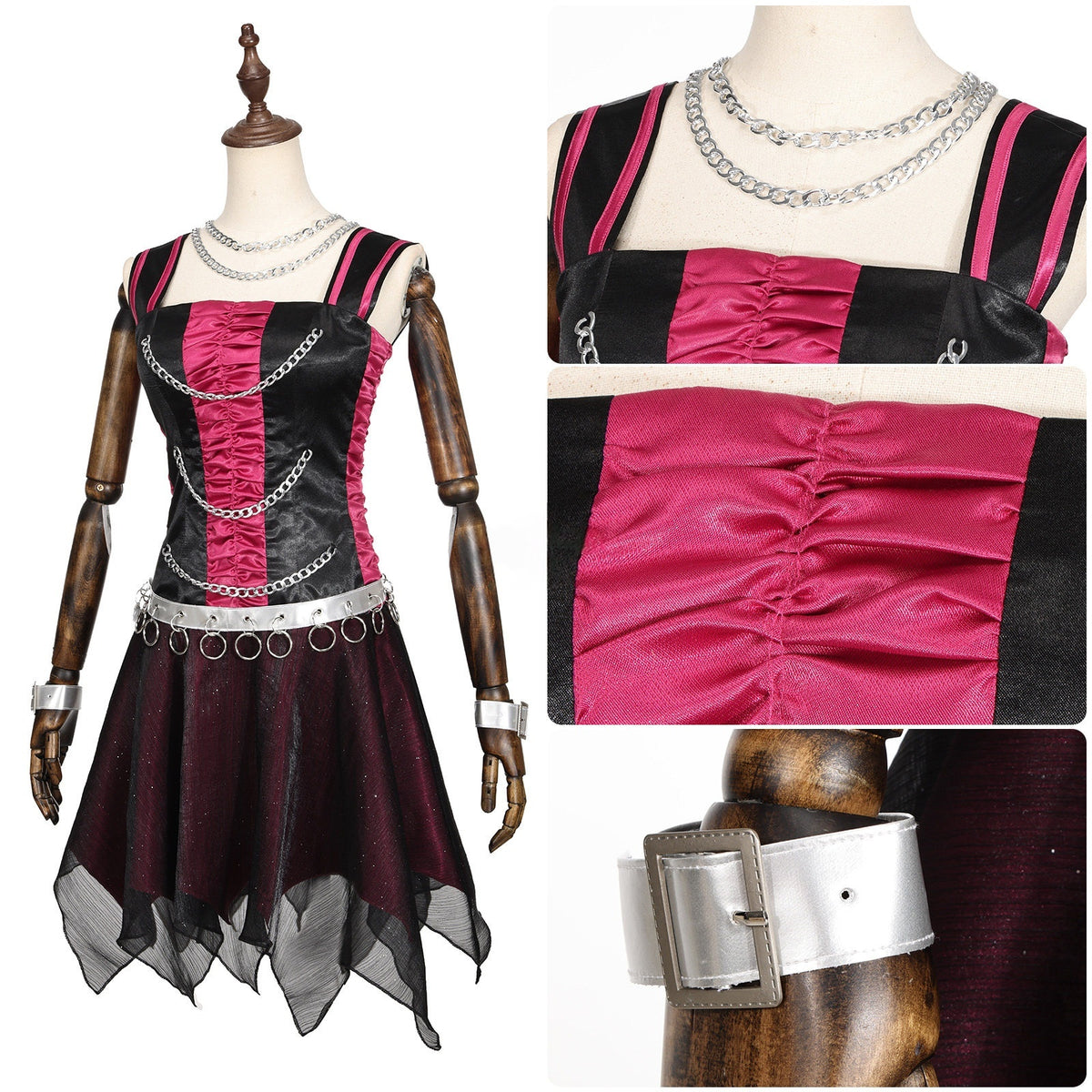 Spectra Vondergeist cosplay outfit with close-up views of the pink ruched panel, necklace and wrist cuff
