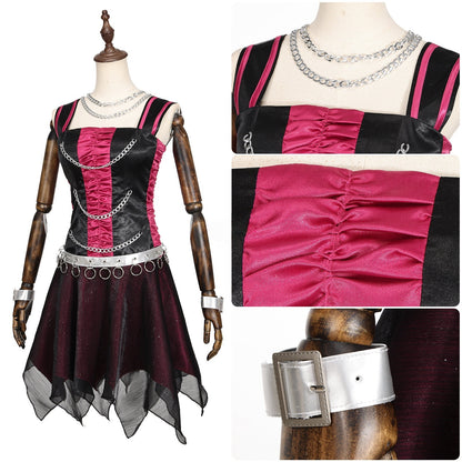 Spectra Vondergeist cosplay outfit with close-up views of the pink ruched panel, necklace and wrist cuff