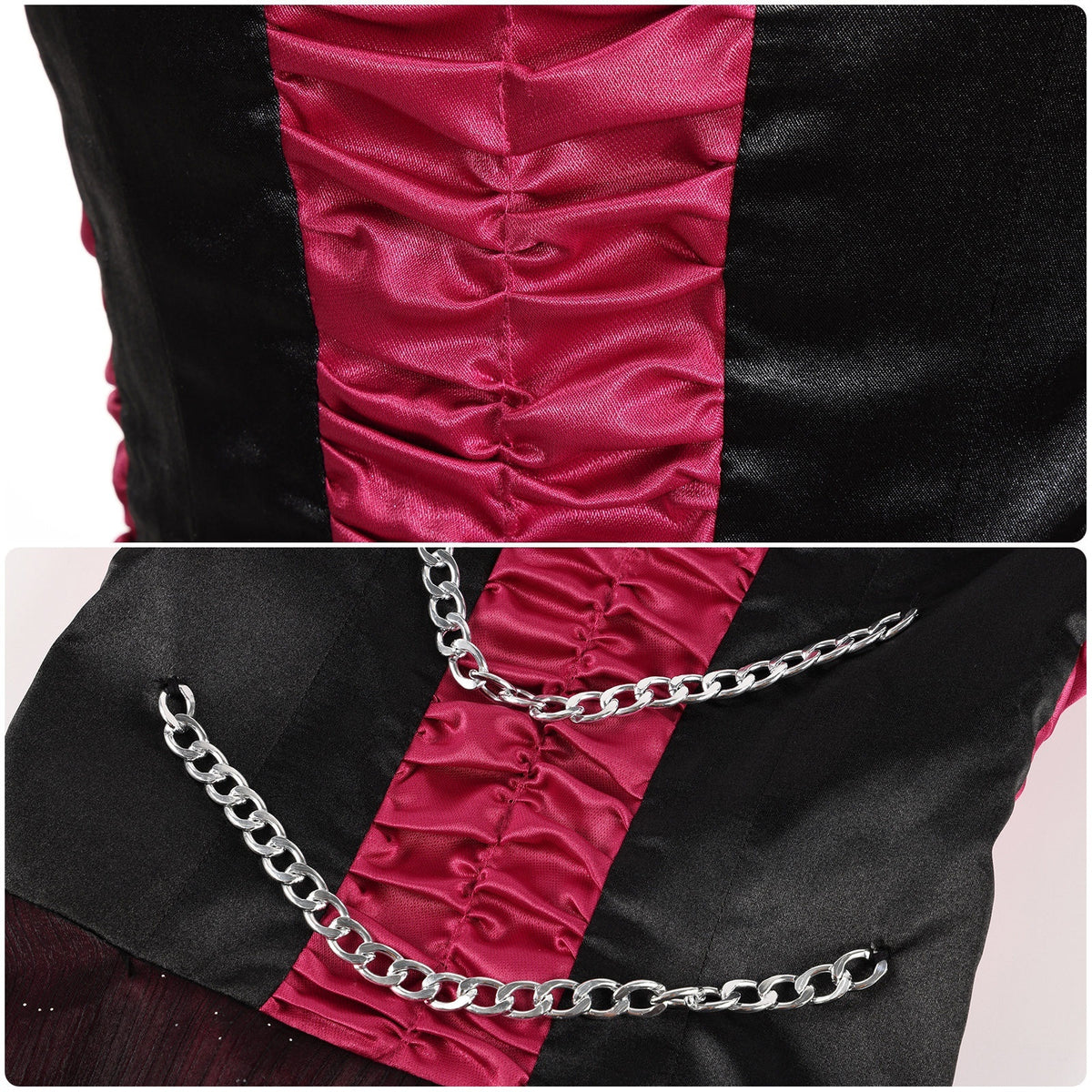 Close-up of the ruched pink panel, black side panels and decorative silver-tone chains