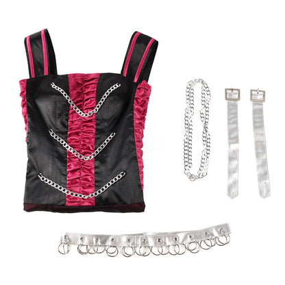 Flat lay of the black and pink cosplay top with silver-tone chains, wrist cuffs and ring-detail belt