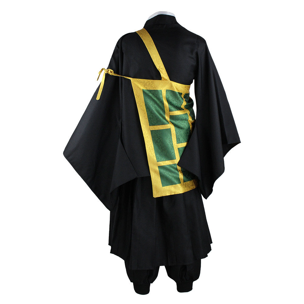 Back view of Suguru Geto cosplay costume showing the black outfit and green gold-trimmed kesa