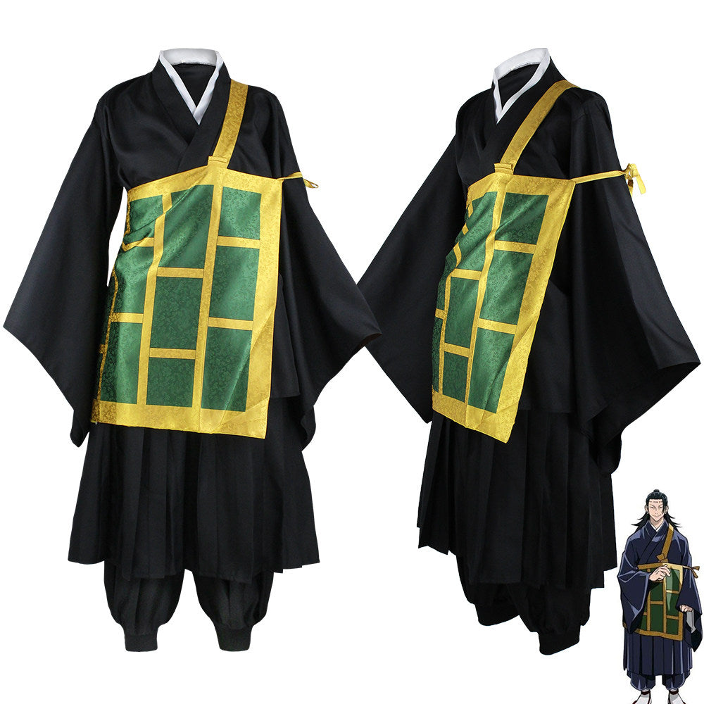 Suguru Geto cosplay costume shown from front and angled views, with a black outfit and green gold-trimmed kesa beside an anime illustration