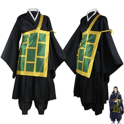 Suguru Geto cosplay costume shown from front and angled views, with a black outfit and green gold-trimmed kesa beside an anime illustration