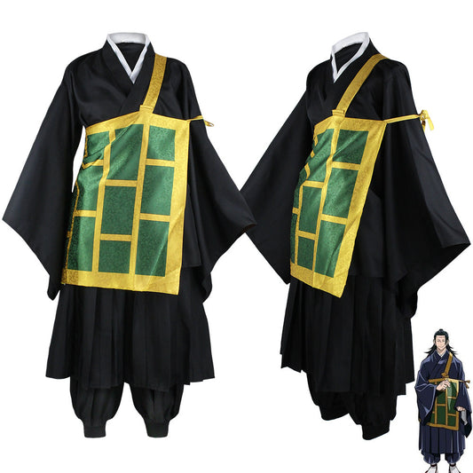 Suguru Geto cosplay costume shown from front and angled views, with a black outfit and green gold-trimmed kesa beside an anime illustration