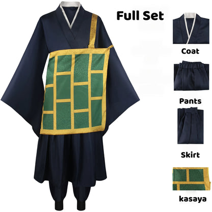 Suguru Geto cosplay set including black top, pants, skirt, and green gold-trimmed kesa