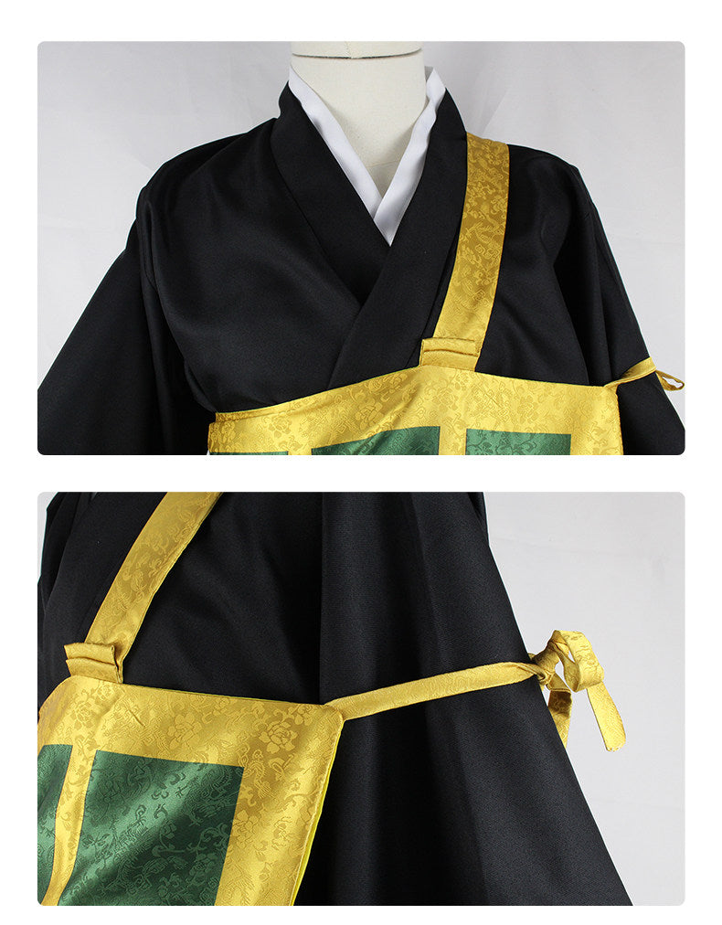 Close-up views of the layered neckline, gold kesa trim, and side fastening ties on Suguru Geto's cosplay costume