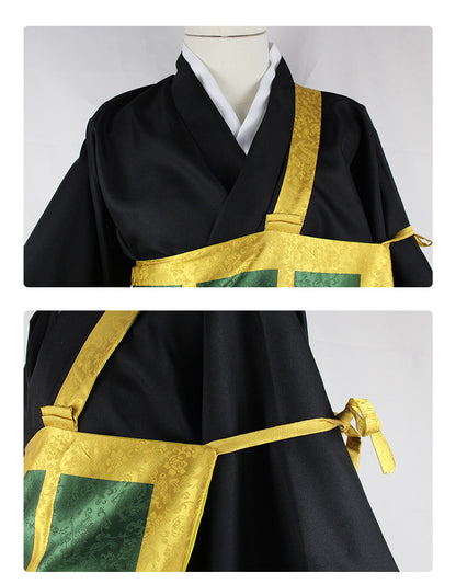 Close-up views of the layered neckline, gold kesa trim, and side fastening ties on Suguru Geto's cosplay costume
