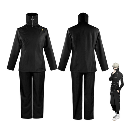 Front and back views of Toge Inumaki black cosplay jacket and pants